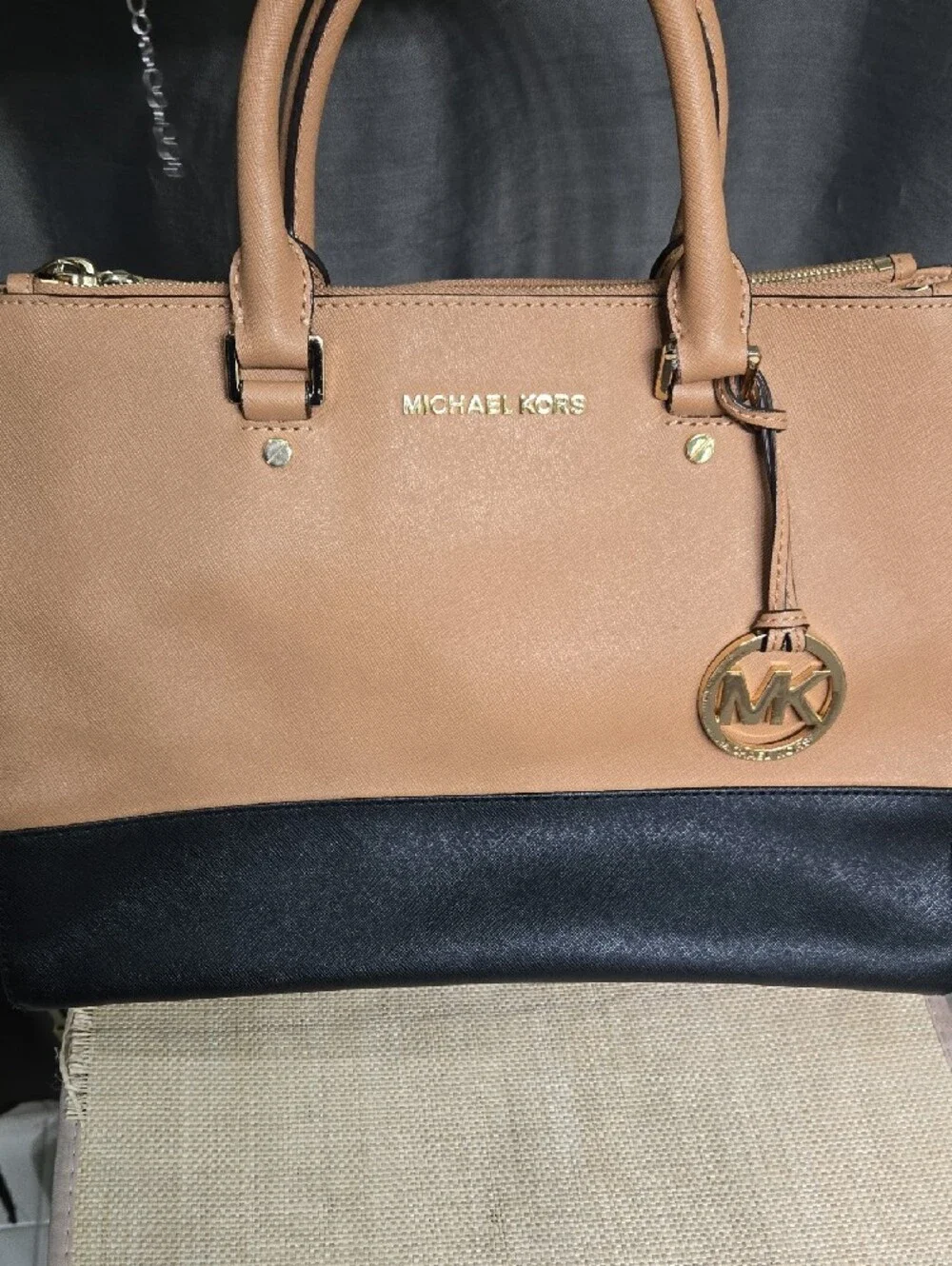 SALE! Michael Kors Beige and Black Leather Satchel with Gold MK Charm